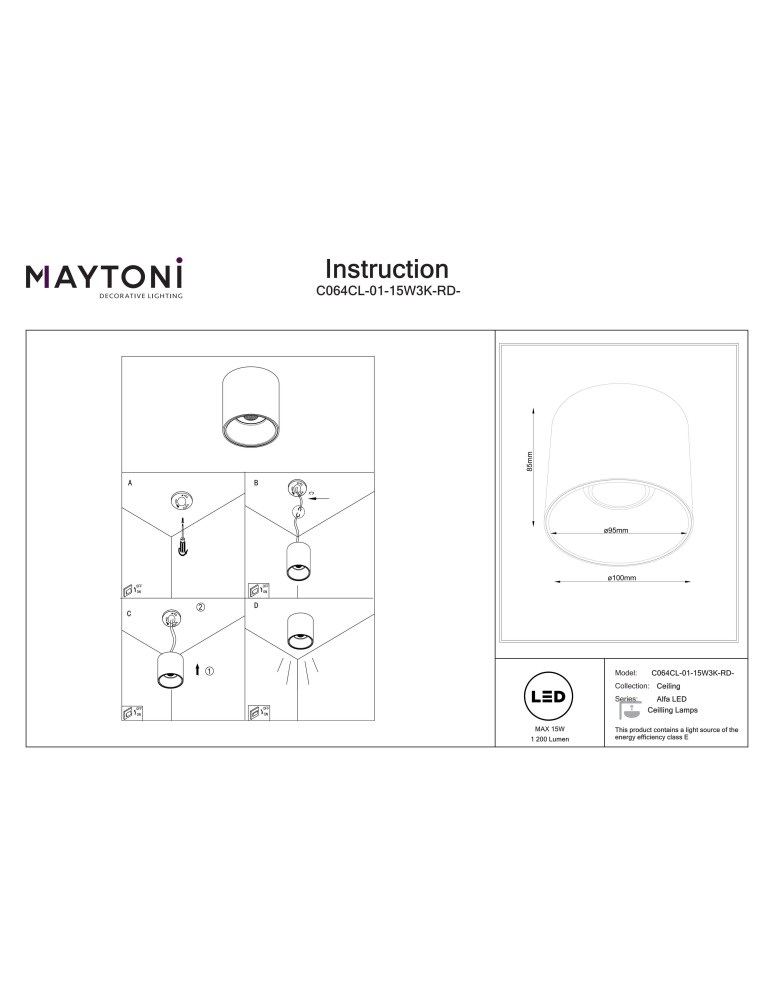 Maytoni Alfa LED Lampa sufitowa LED 1200lm 3000K Biały i czarny C064CL-01-15W3K-RD-WB Maytoni Alfa LED Lampa sufitowa LED 1200lm 3000K Biały i czarny C064CL-01-15W3K-RD-WB