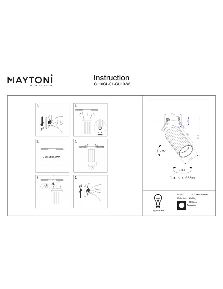 Maytoni Calipso Lampa wbudowana podtynkowa reflektor 1xGU10 Biały C110CL-01-GU10-W Maytoni Calipso Lampa wbudowana podtynkowa reflektor 1xGU10 Biały C110CL-01-GU10-W