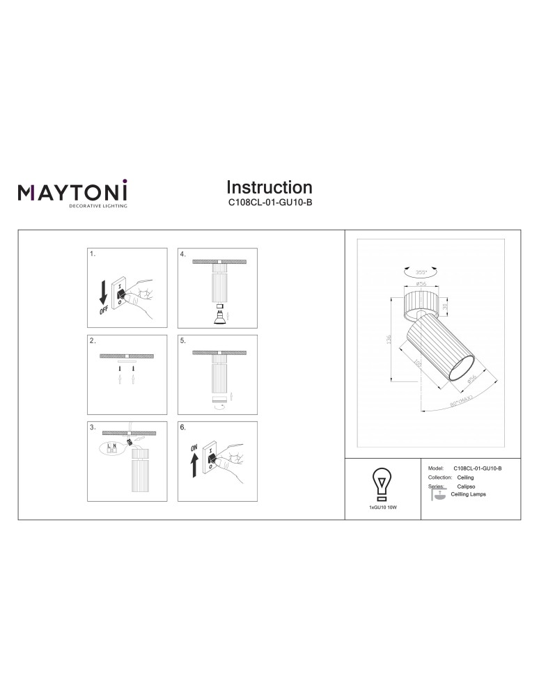 Maytoni Calipso Lampa sufitowa 1xGU10 Czarny C108CL-01-GU10-B Maytoni Calipso Lampa sufitowa 1xGU10 Czarny C108CL-01-GU10-B