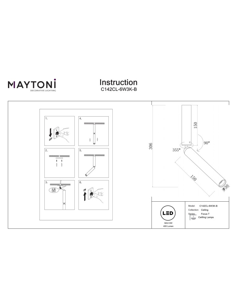 Maytoni Focus T Lampa sufitowa LED 400lm 3000K Czarny C142CL-6W3K-B Maytoni Focus T Lampa sufitowa LED 400lm 3000K Czarny C142CL-6W3K-B