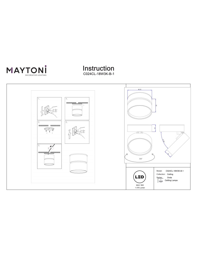 Maytoni Onda Lampa sufitowa LED 1370lm 3000K Czarny C024CL-18W3K-B-1 Maytoni Onda Lampa sufitowa LED 1370lm 3000K Czarny C024CL-18W3K-B-1