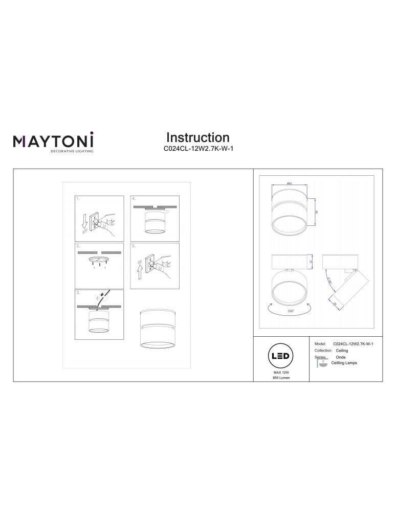 Maytoni Onda Lampa sufitowa LED 850lm 2700K Biały C024CL-12W2.7K-W-1 Maytoni Onda Lampa sufitowa LED 850lm 2700K Biały C024CL-12W2.7K-W-1