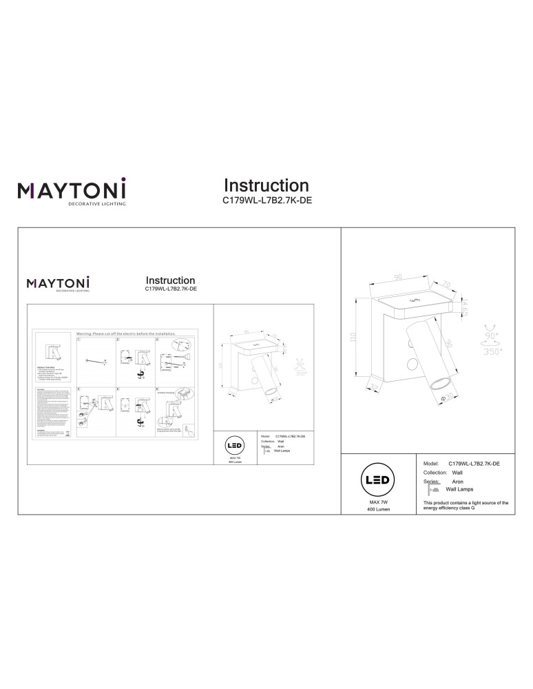 Maytoni Aron Lampa ścienna LED 400lm 2700K Czarny C179WL-L7B2.7K-DE Maytoni Aron Lampa ścienna LED 400lm 2700K Czarny C179WL-L7B2.7K-DE