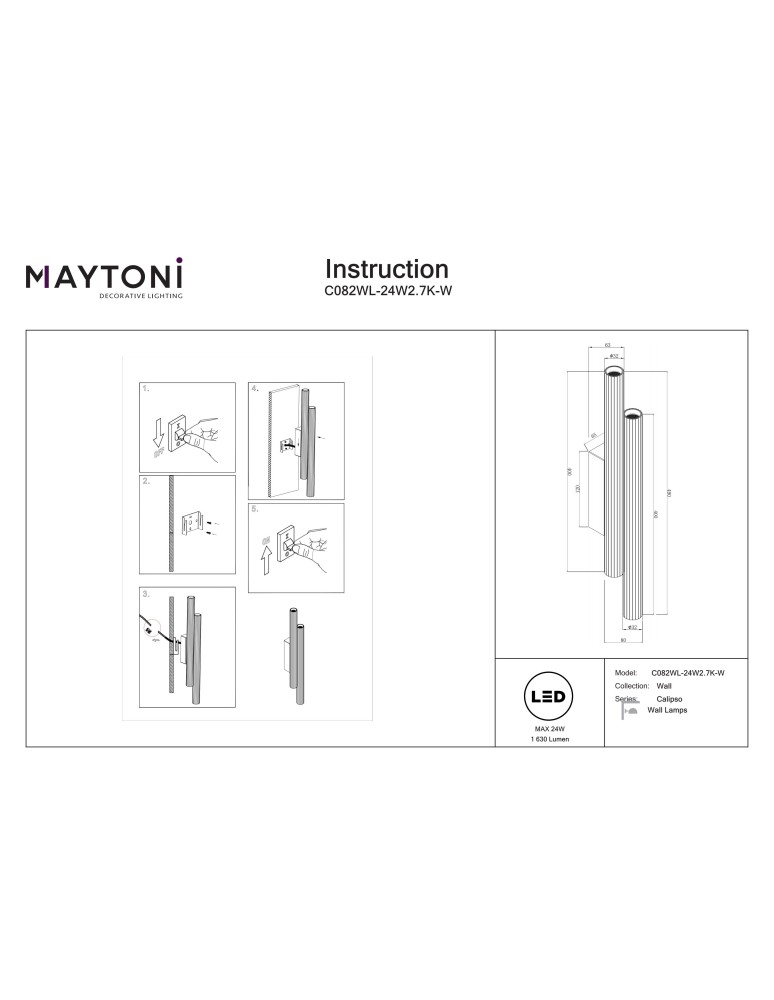 Maytoni Calipso Lampa ścienna LED 1630lm 2700K Biały C082WL-24W2.7K-W Maytoni Calipso Lampa ścienna LED 1630lm 2700K Biały C082WL-24W2.7K-W