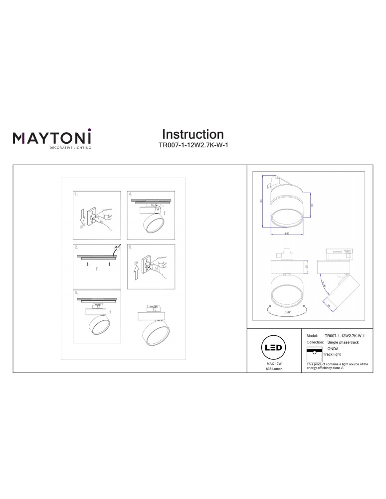 Maytoni ONDA Reflektor do Szyny UNITY 1-obwodowej LED 838lm 2700K Biały TR007-1-12W2.7K-W-1 Maytoni ONDA Reflektor do Szyny UNITY 1-obwodowej LED 838lm 2700K Biały TR007-1-12W2.7K-W-1