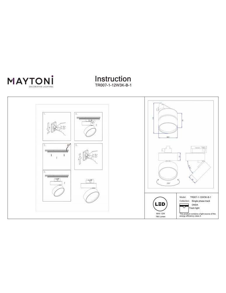 Maytoni ONDA Reflektor do Szyny UNITY 1-obwodowej LED 780lm 3000K Czarny TR007-1-12W3K-B-1 Maytoni ONDA Reflektor do Szyny UNITY 1-obwodowej LED 780lm 3000K Czarny TR007-1-12W3K-B-1