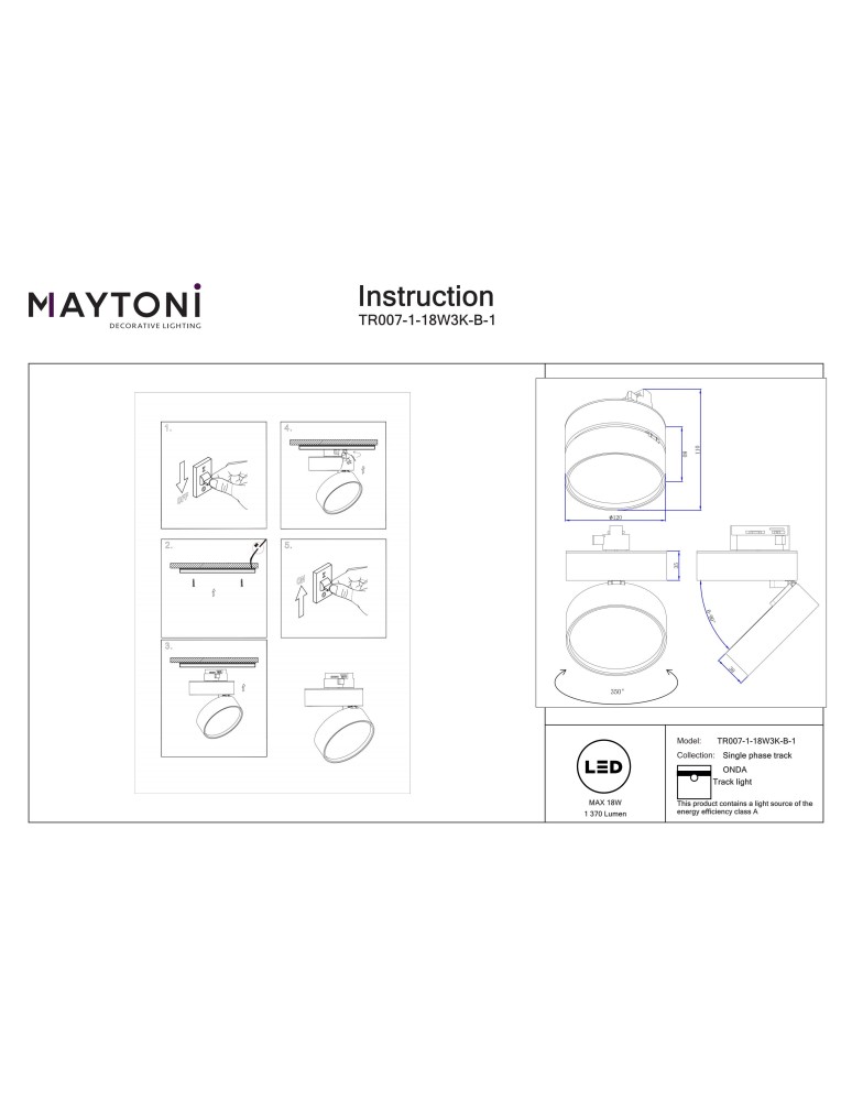 Maytoni ONDA Reflektor do Szyny UNITY 1-obwodowej LED 1370lm 3000K Czarny TR007-1-18W3K-B-1 Maytoni ONDA Reflektor do Szyny UNITY 1-obwodowej LED 1370lm 3000K Czarny TR007-1-18W3K-B-1