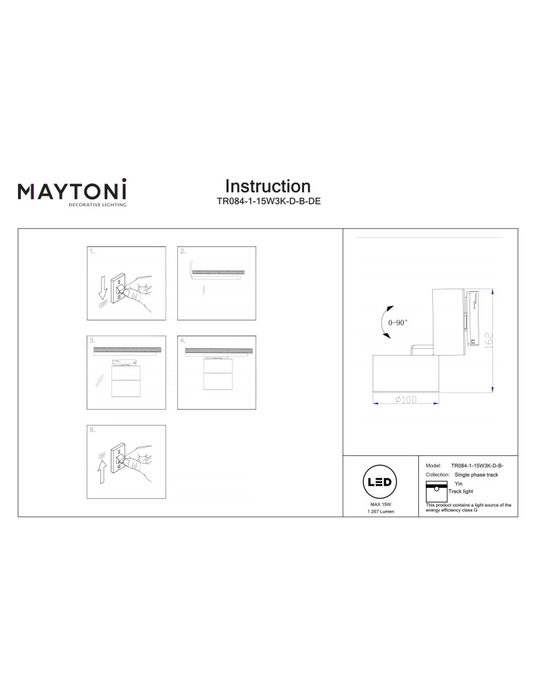 Maytoni Yin Reflektor do Szyny UNITY 1-obwodowej LED 1207lm 2700K-4000K Czarny TR084-1-15W3K-D-B-DE
