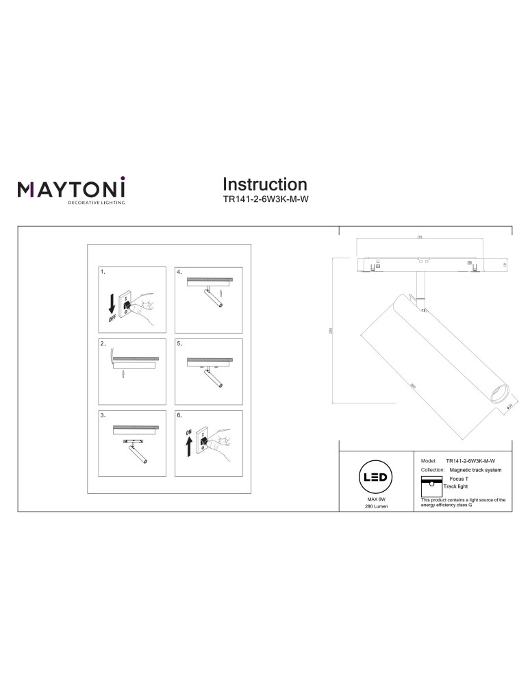 Maytoni Focus T Reflektor do Szyny Exility LED 280lm 3000K Biały TR141-2-6W3K-M-W Maytoni Focus T Reflektor do Szyny Exility LED 280lm 3000K Biały TR141-2-6W3K-M-W