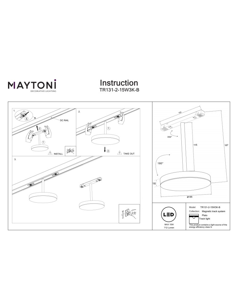 Maytoni Plato Lampa Talerz do Szyny Exility LED 712lm 3000K Czarny TR131-2-15W3K-B Maytoni Plato Lampa Talerz do Szyny Exility LED 712lm 3000K Czarny TR131-2-15W3K-B