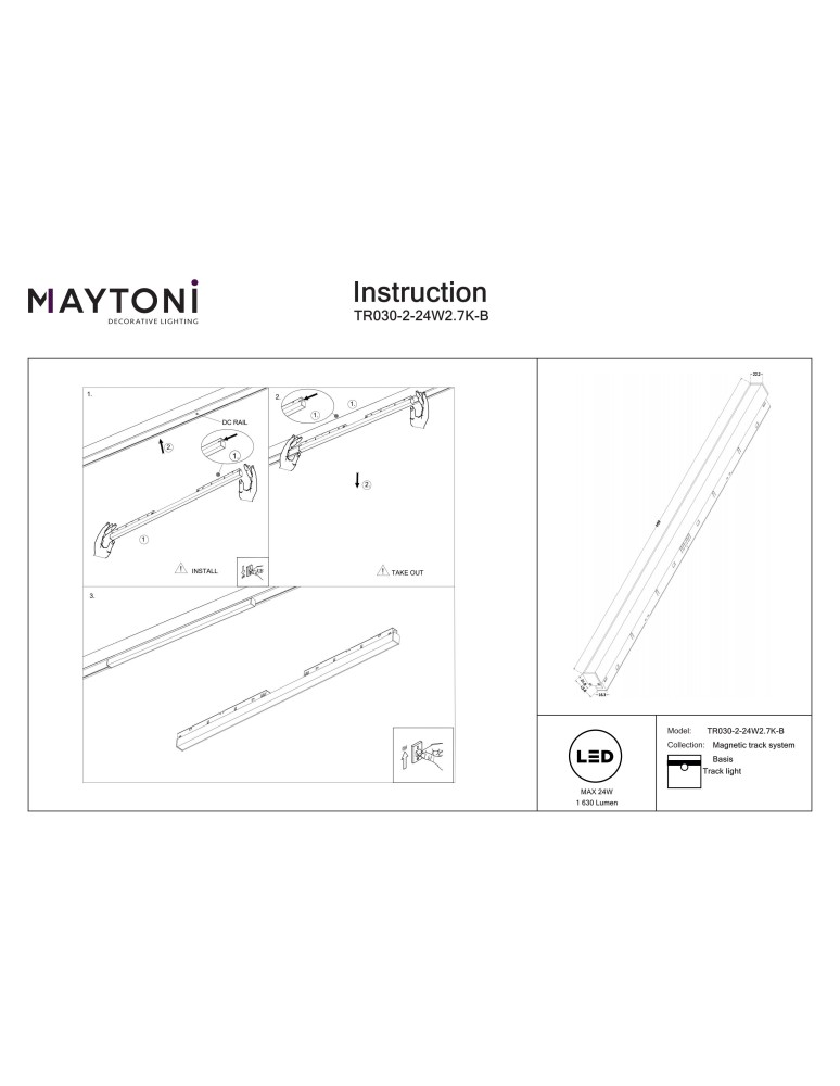 Maytoni Basis Lampa Liniowa do Szyny Exility LED 1630lm 2700K Czarny TR030-2-24W2.7K-B Maytoni Basis Lampa Liniowa do Szyny Exility LED 1630lm 2700K Czarny TR030-2-24W2.7K-B