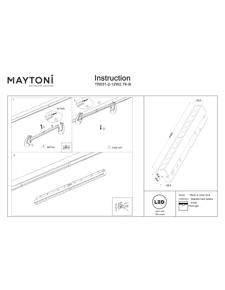Maytoni Points Lampa Liniowa do Szyny Exility LED 760lm 2700K Czarny TR031-2-12W2.7K-B Maytoni Points Lampa Liniowa do Szyny Exility LED 760lm 2700K Czarny TR031-2-12W2.7K-B