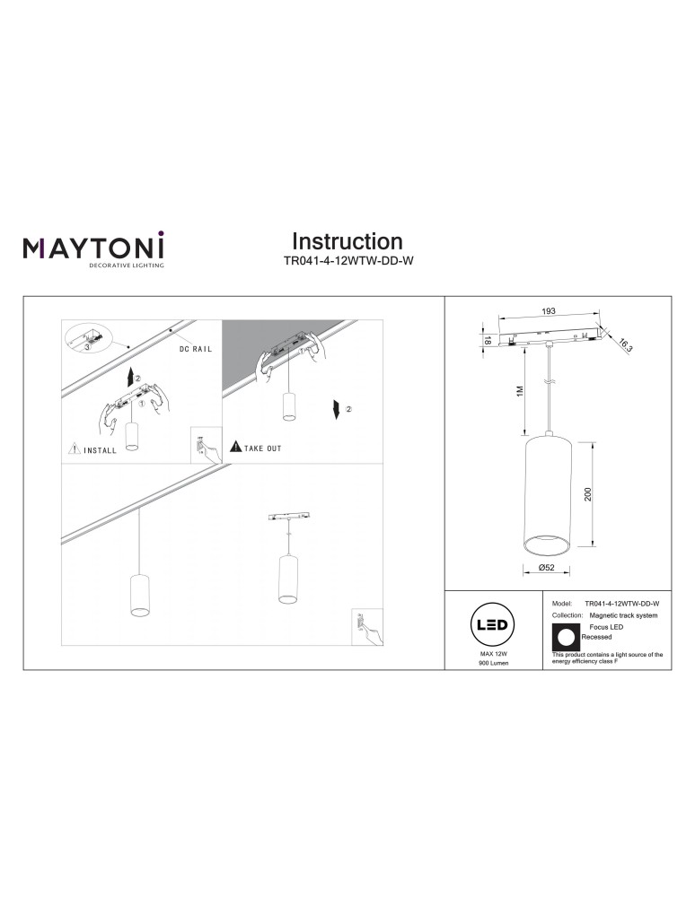 Maytoni Focus LED Lampa szynowa wisząca LED 900lm 2700K-6000K Biały TR041-4-12WTW-DD-W Maytoni Focus LED Lampa szynowa wisząca LED 900lm 2700K-6000K Biały TR041-4-12WTW-DD-W