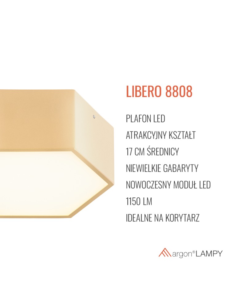 Argon LIBERO 8808 plafon LED, złoty LED (zintegrowany) 230V / 1150 lm / 3000 K stal lakierowana, szkło Argon LIBERO 8808 plafon LED, złoty LED (zintegrowany) 230V / 1150 lm / 3000 K stal lakierowana, szkło