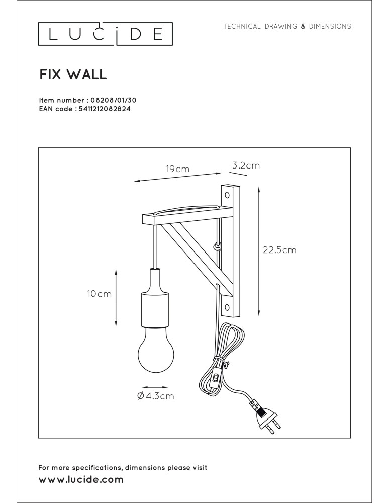 Lucide FIX Ścienna E27 excl. H22cm 08208/01/30