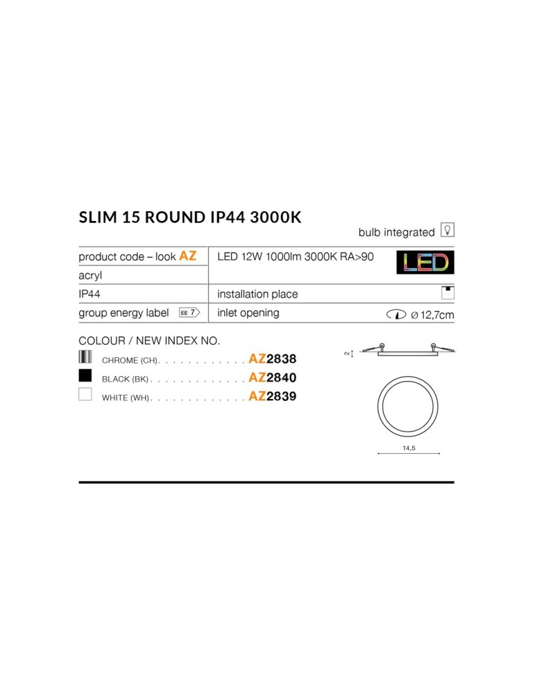 Azzardo SLIM 15 ROUND 4000K IP44 BLACK 1xLED Wpuszczana Czarny IP44 AZ2843