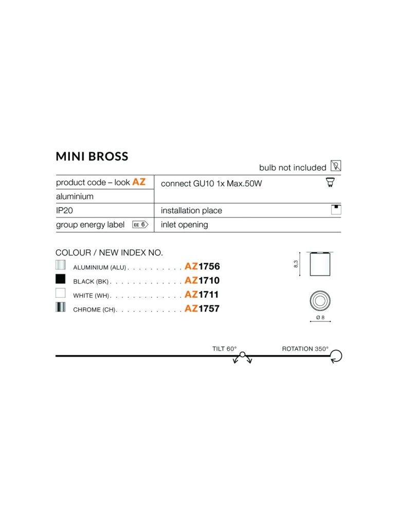 Azzardo MINI BROSS CHROME 1xGU10 Natynkowa Chrom AZ1757