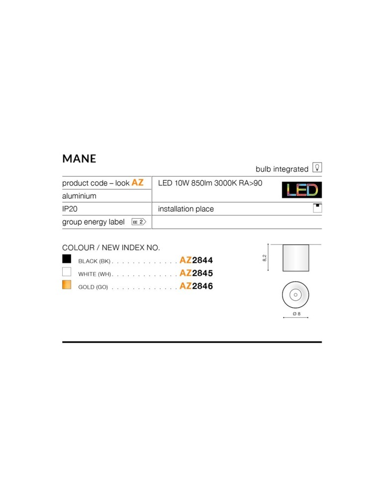 Azzardo MANE BLACK 1xLED Natynkowa Czarny AZ2844