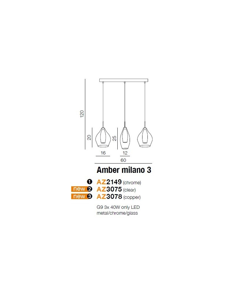 Azzardo AMBER MILANO 3 CHROME 3xG9 Wisząca Chrom AZ2149