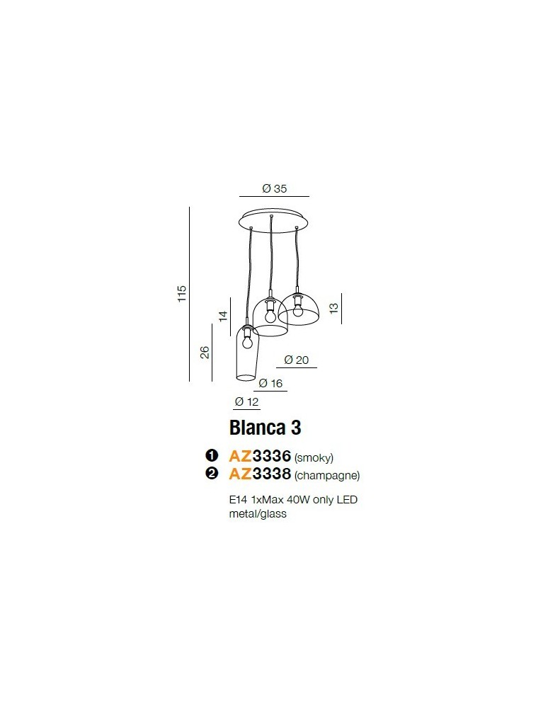 Lampy wiszące potrójne - Azzardo BLANCA 3 SMOKY 3xE14 Wisząca Dymiony AZ3336 - product kolory-swiatla.pl 2