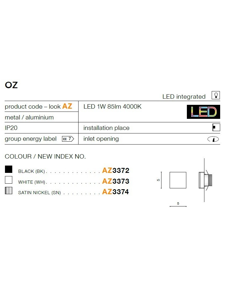 Azzardo OZ SATIN NICKEL 1xLED Schodowa Wpuszczana Nikiel Satynowy AZ3374